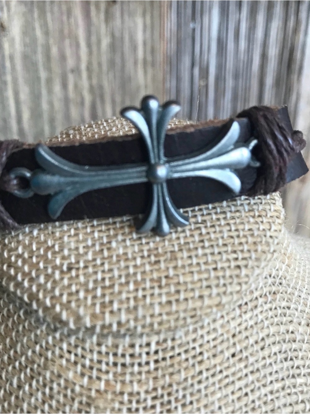 Dark Brown Leather Bracelet with Silver Cross Accent